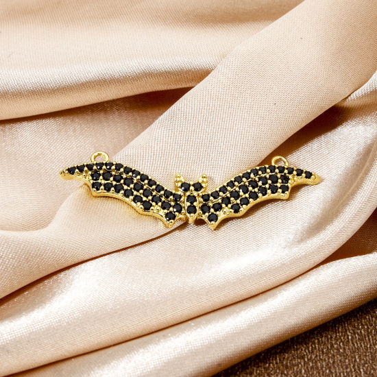 Bild von 1 Stück Umweltfreundlich Messing Halloween Steckverbinder Charms Anhänger Halloween Fledermaus 18K Echtgold plattiert Micro Pave Schwarz Zirkonia 3.9cm x 1.3cm