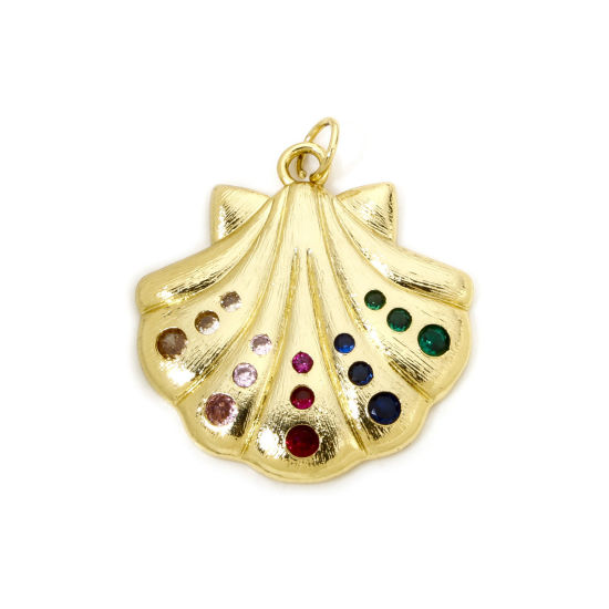 Picture of 1 Piece Eco-friendly Brass Charms 18K Real Gold Plated Shell Multicolour Cubic Zirconia 4.7cm x 4cm