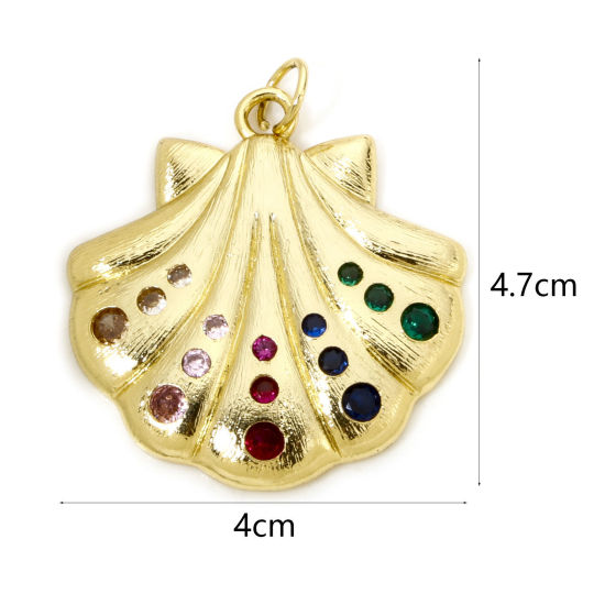 Picture of 1 Piece Eco-friendly Brass Charms 18K Real Gold Plated Shell Multicolour Cubic Zirconia 4.7cm x 4cm