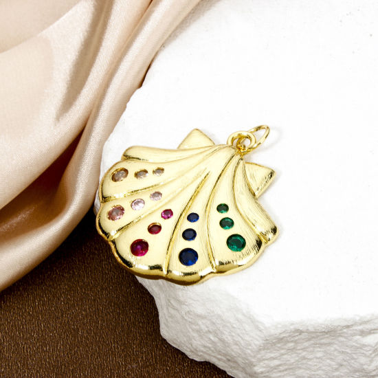 Picture of 1 Piece Eco-friendly Brass Charms 18K Real Gold Plated Shell Multicolour Cubic Zirconia 4.7cm x 4cm