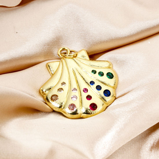 Picture of 1 Piece Eco-friendly Brass Charms 18K Real Gold Plated Shell Multicolour Cubic Zirconia 4.7cm x 4cm