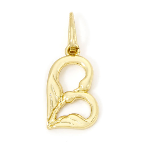 Picture of 1 Piece Eco-friendly Brass Charms 18K Real Gold Plated Capital Alphabet Initial Letter Wing Message " B " 24mm x 10mm