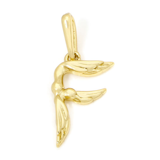 Picture of 1 Piece Eco-friendly Brass Charms 18K Real Gold Plated Capital Alphabet Initial Letter Wing Message " F " 25mm x 11mm