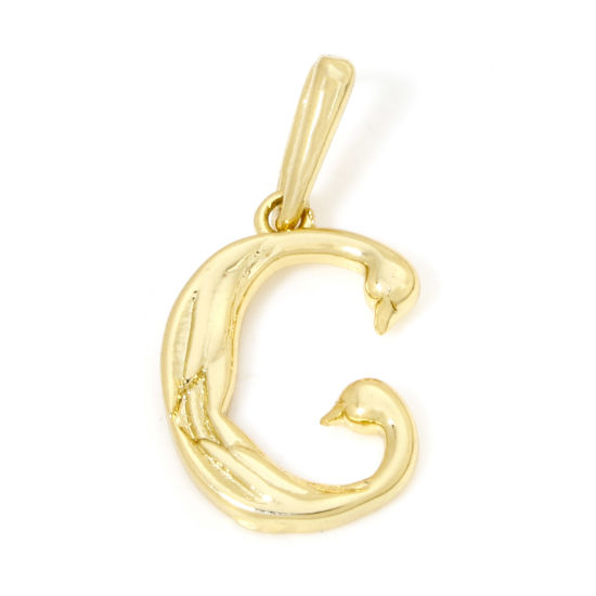 Picture of 1 Piece Eco-friendly Brass Charms 18K Real Gold Plated Capital Alphabet Initial Letter Wing Message " G " 24mm x 12mm