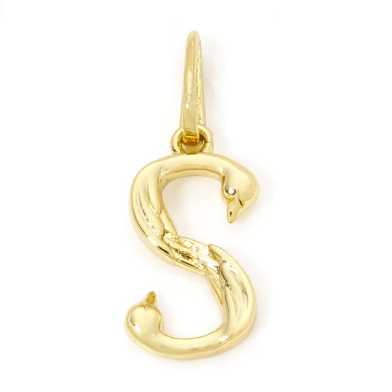 Picture of 1 Piece Eco-friendly Brass Charms 18K Real Gold Plated Capital Alphabet Initial Letter Wing Message " S " 24mm x 9mm