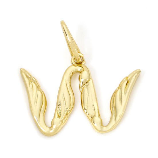 Picture of 1 Piece Eco-friendly Brass Charms 18K Real Gold Plated Capital Alphabet Initial Letter Wing Message " W " 23mm x 23mm