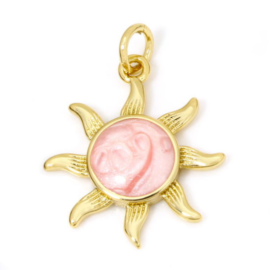 Bild von 1 Stück Umweltfreundlich Messing Galaxis Charms 18K Echtgold plattiert Rosa Perlmuttartig Sonne Emaille 23mm x 17mm