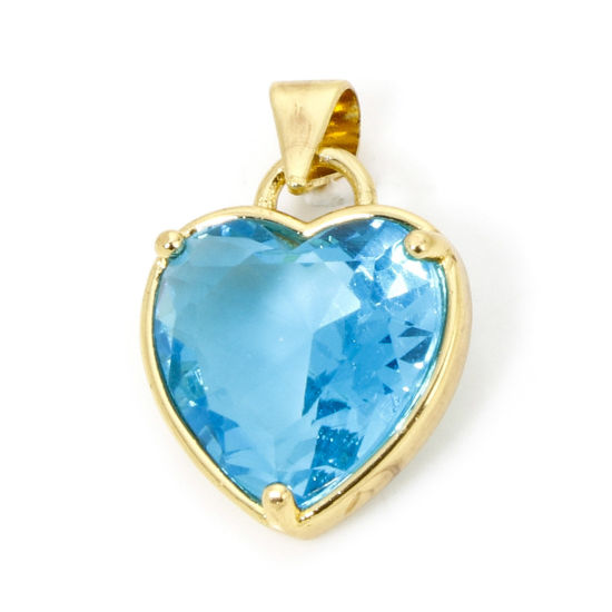 Bild von 1 Stück Umweltfreundlich Messing Valentinstag Charm-Anhänger 18K Echtgold plattiert Herz Blau Strass 21mm x 14mm