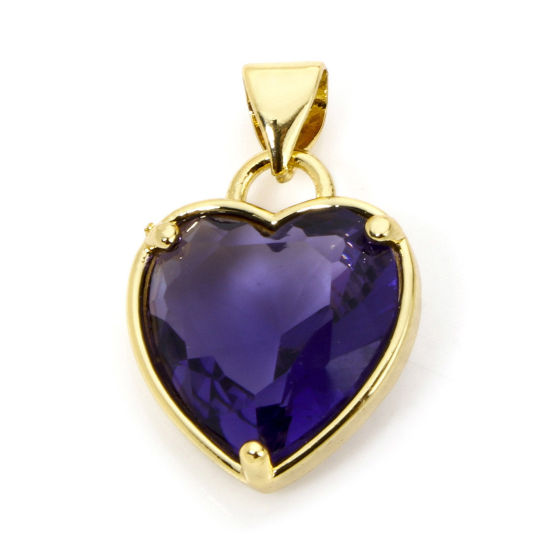 Bild von 1 Stück Umweltfreundlich Messing Valentinstag Charm-Anhänger 18K Echtgold plattiert Herz Amethyst Strass 21mm x 14mm
