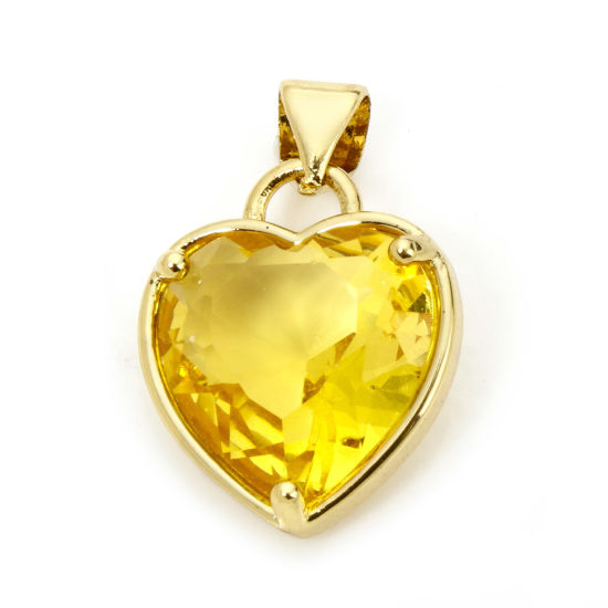 Bild von 1 Stück Umweltfreundlich Messing Valentinstag Charm-Anhänger 18K Echtgold plattiert Herz Gelb Strass 21mm x 14mm
