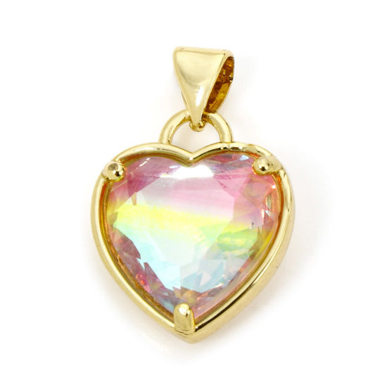 Bild von 1 Stück Umweltfreundlich Messing Valentinstag Charm-Anhänger 18K Echtgold plattiert Herz AB Farben Strass 21mm x 14mm