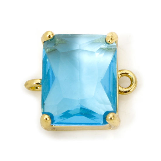 Bild von 1 Stück Umweltfreundlich Messing und Glas Steckverbinder Charms Anhänger Rechteck 18K Echtgold plattiert Blau Strass 12mm x 10.5mm