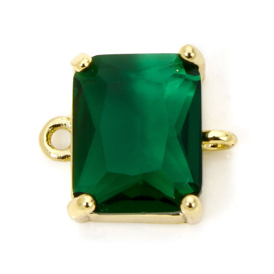 Bild von 1 Stück Umweltfreundlich Messing und Glas Steckverbinder Charms Anhänger Rechteck 18K Echtgold plattiert Dunkelgrün Strass 12mm x 10.5mm