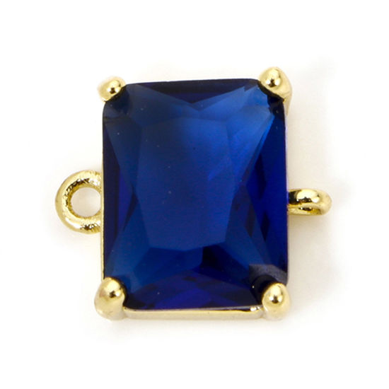 Bild von 1 Stück Umweltfreundlich Messing und Glas Steckverbinder Charms Anhänger Rechteck 18K Echtgold plattiert Dunkelblau Strass 12mm x 10.5mm