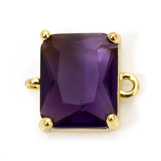 Bild von 1 Stück Umweltfreundlich Messing und Glas Steckverbinder Charms Anhänger Rechteck 18K Echtgold plattiert Amethyst Strass 12mm x 10.5mm