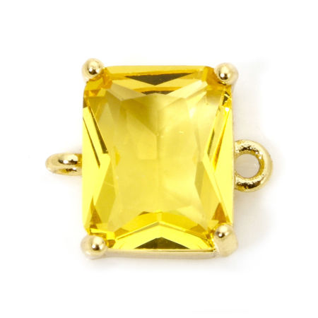 Picture of 1 Piece Eco-friendly Brass & Glass Connectors Charms Pendants Rectangle 18K Real Gold Plated Yellow Rhinestone 12mm x 10.5mm