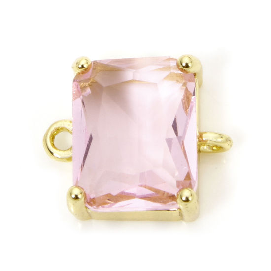 Bild von 1 Stück Umweltfreundlich Messing und Glas Steckverbinder Charms Anhänger Rechteck 18K Echtgold plattiert Rosa Strass 12mm x 10.5mm
