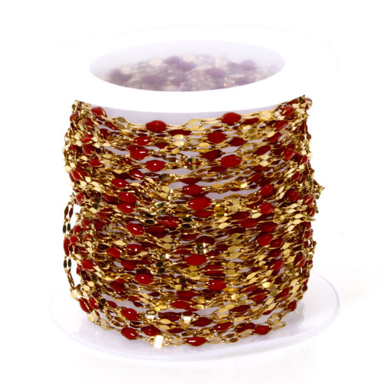 Immagine di 5 M (Circa 5 M/Rotolo) Placcatura Sottovuoto 304 Acciaio Inossidabile Catena delle Labbra Per Risultati di Creazione di Gioielli Fai-da-te Fatti a Mano Placcato Oro 18K Rosso Smalto 2mm