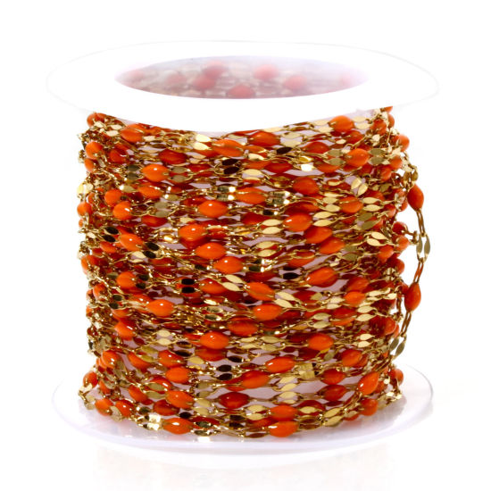 Immagine di 5 M (Circa 5 M/Rotolo) Placcatura Sottovuoto 304 Acciaio Inossidabile Catena delle Labbra Per Risultati di Creazione di Gioielli Fai-da-te Fatti a Mano Placcato Oro 18K Arancione Smalto 2mm