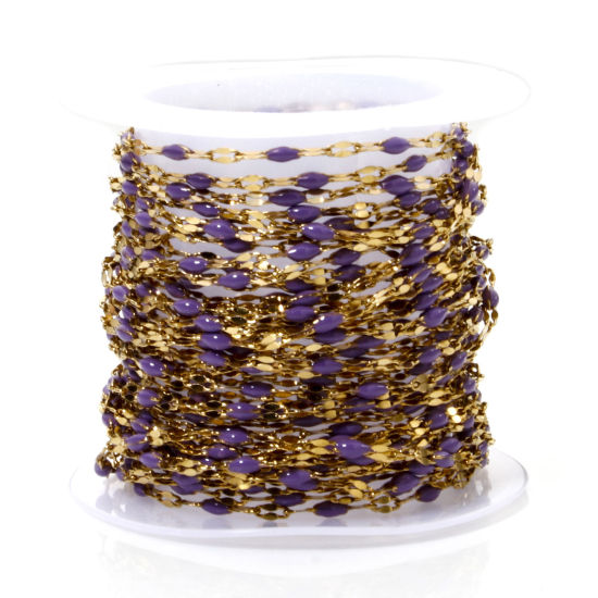 Immagine di 5 M (Circa 5 M/Rotolo) Placcatura Sottovuoto 304 Acciaio Inossidabile Catena delle Labbra Per Risultati di Creazione di Gioielli Fai-da-te Fatti a Mano Placcato Oro 18K Colore Viola Smalto 2mm