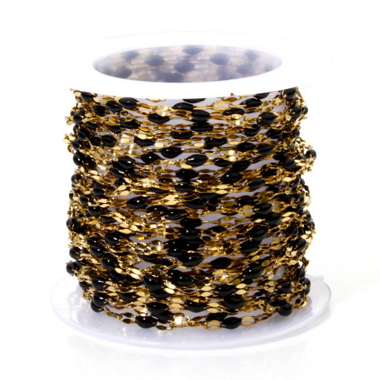 Immagine di 5 M (Circa 5 M/Rotolo) Placcatura Sottovuoto 304 Acciaio Inossidabile Catena delle Labbra Per Risultati di Creazione di Gioielli Fai-da-te Fatti a Mano Placcato Oro 18K Nero Smalto 2mm