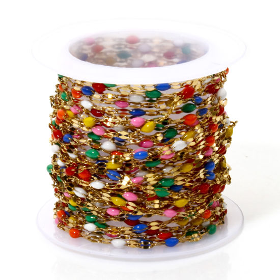 Immagine di 5 M (Circa 5 M/Rotolo) Placcatura Sottovuoto 304 Acciaio Inossidabile Catena delle Labbra Per Risultati di Creazione di Gioielli Fai-da-te Fatti a Mano Placcato Oro 18K Multicolore Smalto 2mm