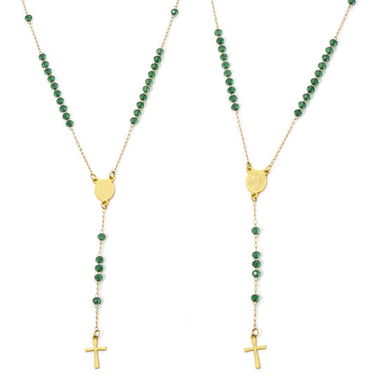 Imagen de 1 Unidad 304 Acero Inoxidable Cadena de Cuentas Collar de Rosario de Cuentas de Oración Chapado en Oro Verde Cruz Virgen María 55cm longitud