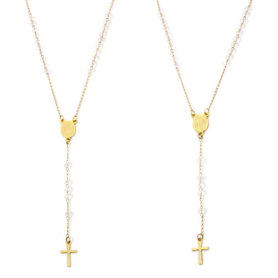 Imagen de 1 Unidad 304 Acero Inoxidable Cadena de Cuentas Collar de Rosario de Cuentas de Oración Chapado en Oro Transparente Cruz Virgen María 55cm longitud