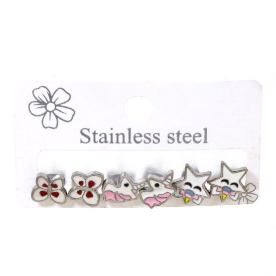 Picture of 1 Set (Approx 6 PCs/Set) 304 Stainless Steel Ear Post Stud Earrings Set Silver Tone Butterfly Animal Pentagram Star 10.5x7mm - 8x7mm, Post/ Wire Size: (20 gauge)