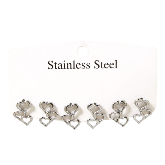 Picture of 1 Set (Approx 6 PCs/Set) 304 Stainless Steel Ear Post Stud Earrings Set Silver Tone Heart 16mm x 12mm, Post/ Wire Size: (20 gauge)