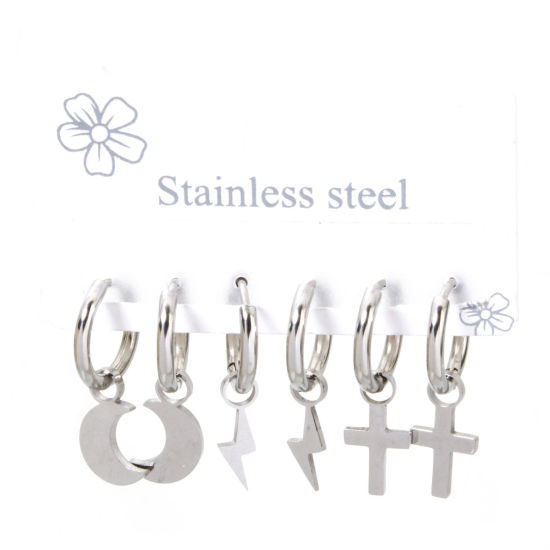 Picture of 1 Set (Approx 6 PCs/Set) 304 Stainless Steel Ear Post Stud Earrings Set Silver Tone Cross Lightning 26x8mm - 25x4.5mm, Post/ Wire Size: 1mm