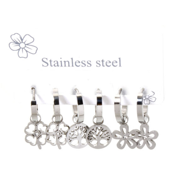 Picture of 1 Set (Approx 6 PCs/Set) 304 Stainless Steel Ear Post Stud Earrings Set Silver Tone Tree Of Life 24x9mm - 23x10mm, Post/ Wire Size: 1mm