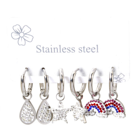 Image de 1 Kit (Env. 6Pcs/Kit) Ensemble de Boucles d'Oreilles en 304 Acier Inoxydable Argent Mat Etoile Arc-en-ciel 26x8mm - 23x12mm, Epaisseur de Fil: 1mm