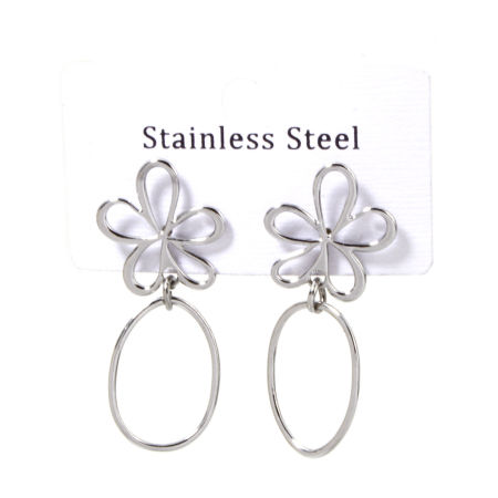 1 Pair 304 Stainless Steel Beaded Earrings Silver Tone Flower Oval 4.1cm x 1.8cm, Post/ Wire Size: (21 gauge)