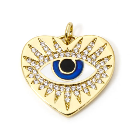 Image de 1 Pièce Breloques Religieux en Laiton Respectueux de la Nature Cœur Plaqué Or Véritable 18K Bleu Œil Mauvais Micro Pave à Zircone Cubique Clair 22mm x 21mm
