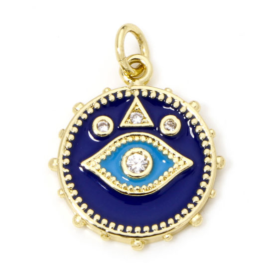 Picture of 1 Piece Eco-friendly Brass Religious Pendants 18K Real Gold Plated Dark Blue Round Eye Enamel 22mm x 16mm