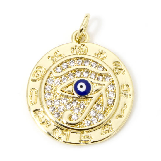 Picture of 1 Piece Eco-friendly Brass Religious Disc Pendants 18K Real Gold Plated Dark Blue Round The Eye Of Horus Enamel 23.5mm x 18mm