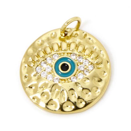 Picture of 1 Piece Eco-friendly Brass Religious Pendants 18K Real Gold Plated Green Round Eye Micro Pave Clear Cubic Zirconia 21mm x 18mm