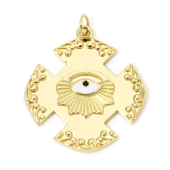 Picture of 1 Piece Eco-friendly Brass Religious Pendants 18K Real Gold Plated Cross Eye Enamel 3.3cm x 2.7cm