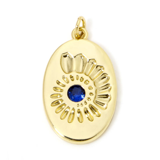 Bild von 1 Stück Umweltfreundlich Messing Religiös Anhänger 18K Echtgold plattiert Oval Auge Knallblau Zirkonia 3cm x 1.7cm