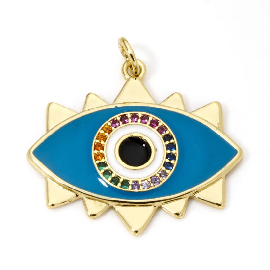 Picture of 1 Piece Eco-friendly Brass Religious Charms 18K Real Gold Plated Blue Evil Eye Enamel Multicolour Cubic Zirconia 26mm x 26mm