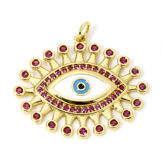 Picture of 1 Piece Eco-friendly Brass Religious Pendants 18K Real Gold Plated Evil Eye Enamel Fuchsia Cubic Zirconia 3cm x 2.8cm