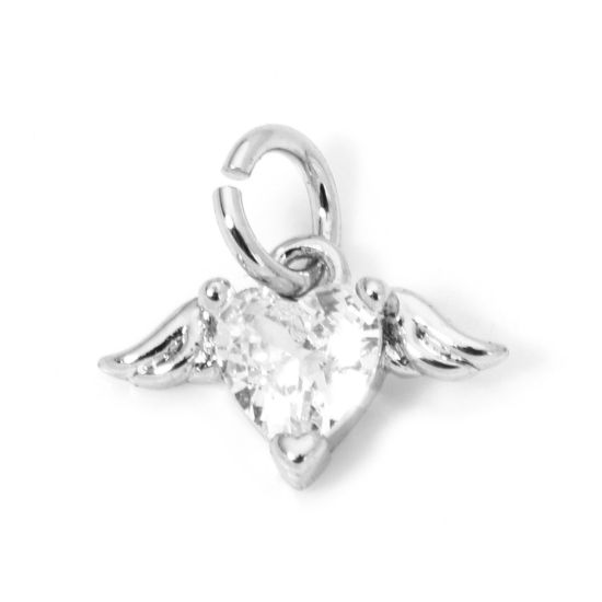 Picture of 1 Piece Eco-friendly Brass Valentine's Day Charms Real Platinum Plated Heart Wing Clear Cubic Zirconia 12mm x 11mm