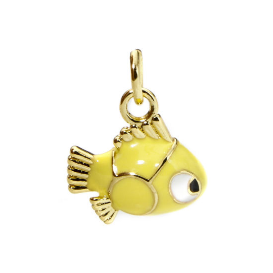 Picture of 1 Piece Eco-friendly Brass Ocean Jewelry Charms 18K Real Gold Plated Yellow Fish Animal Enamel 15mm x 13mm