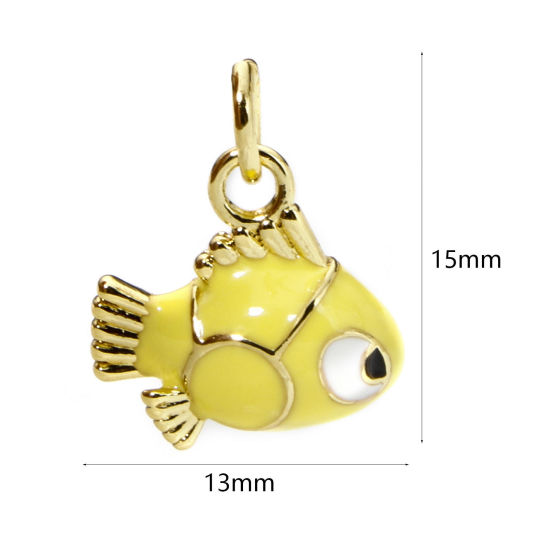 Picture of 1 Piece Eco-friendly Brass Ocean Jewelry Charms 18K Real Gold Plated Yellow Fish Animal Enamel 15mm x 13mm