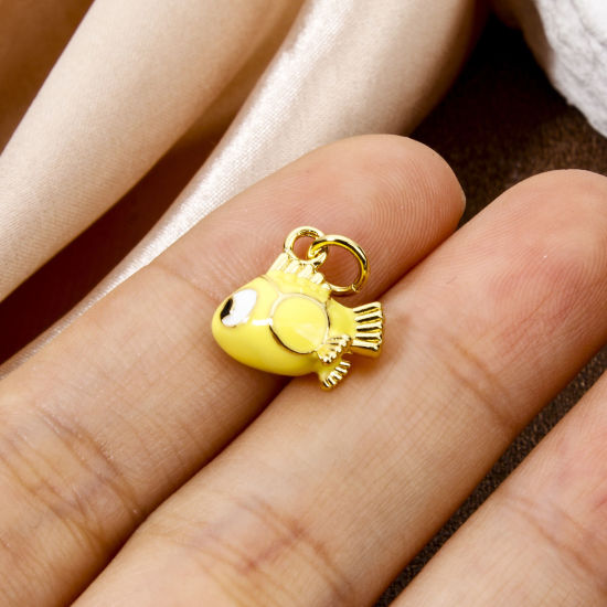 Picture of 1 Piece Eco-friendly Brass Ocean Jewelry Charms 18K Real Gold Plated Yellow Fish Animal Enamel 15mm x 13mm