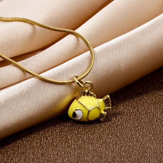 Picture of 1 Piece Eco-friendly Brass Ocean Jewelry Charms 18K Real Gold Plated Yellow Fish Animal Enamel 15mm x 13mm