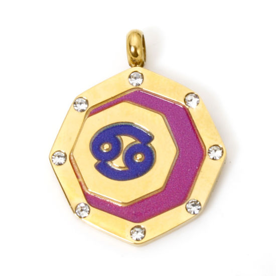 Picture of 1 Piece Eco-friendly PVD Vacuum Plating 304 Stainless Steel Charms Gold Plated Purple Octagon Cancer Sign Of Zodiac Constellations Painted Clear Rhinestone 21mm x 17mm