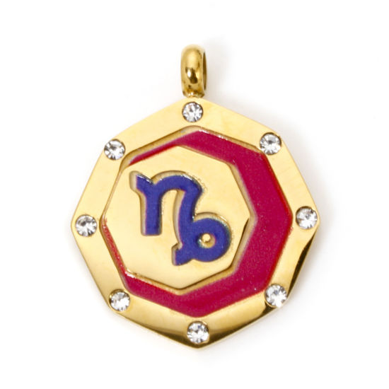 Picture of 1 Piece Eco-friendly PVD Vacuum Plating 304 Stainless Steel Charms Gold Plated Fuchsia Octagon Capricornus Sign Of Zodiac Constellations Painted Clear Rhinestone 21mm x 17mm