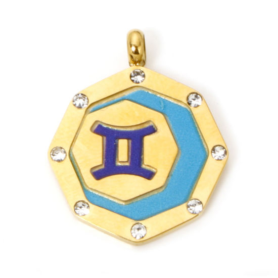 Picture of 1 Piece Eco-friendly PVD Vacuum Plating 304 Stainless Steel Charms Gold Plated Skyblue Octagon Gemini Sign Of Zodiac Constellations Painted Clear Rhinestone 21mm x 17mm